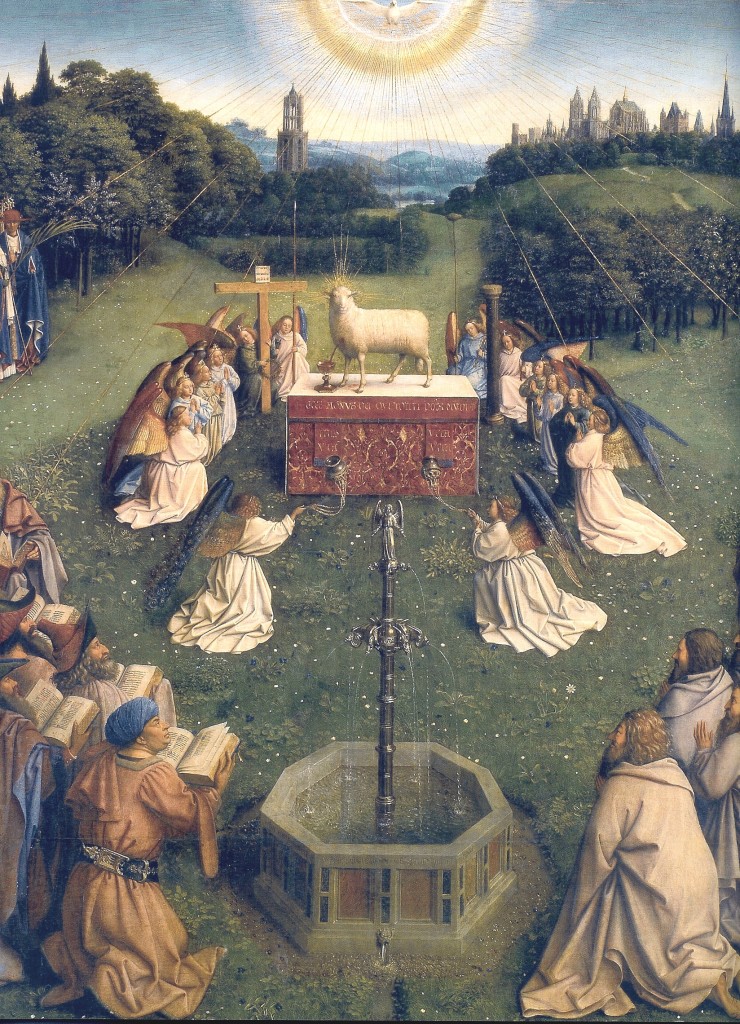 Adoration of the Mystic Lamb, with gushing blood, detail of the Ghent Altarpiece by Jan van Eyck