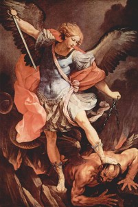 The Archangel Michael wears a late Roman military cloak and cuirass in this 17th-century depiction by Guido Reni