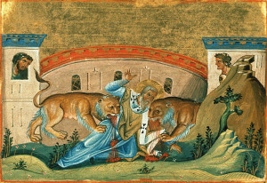 From Syria even to Rome I fight with wild beasts, by land and sea, by night and by day, being bound amidst ten leopards, even a company of soldiers, who only grow worse when they are kindly treated. (Ignatius to the Romans, 5)